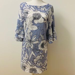 Vertical Striped Florals Tiered Flute Sleeve Dress